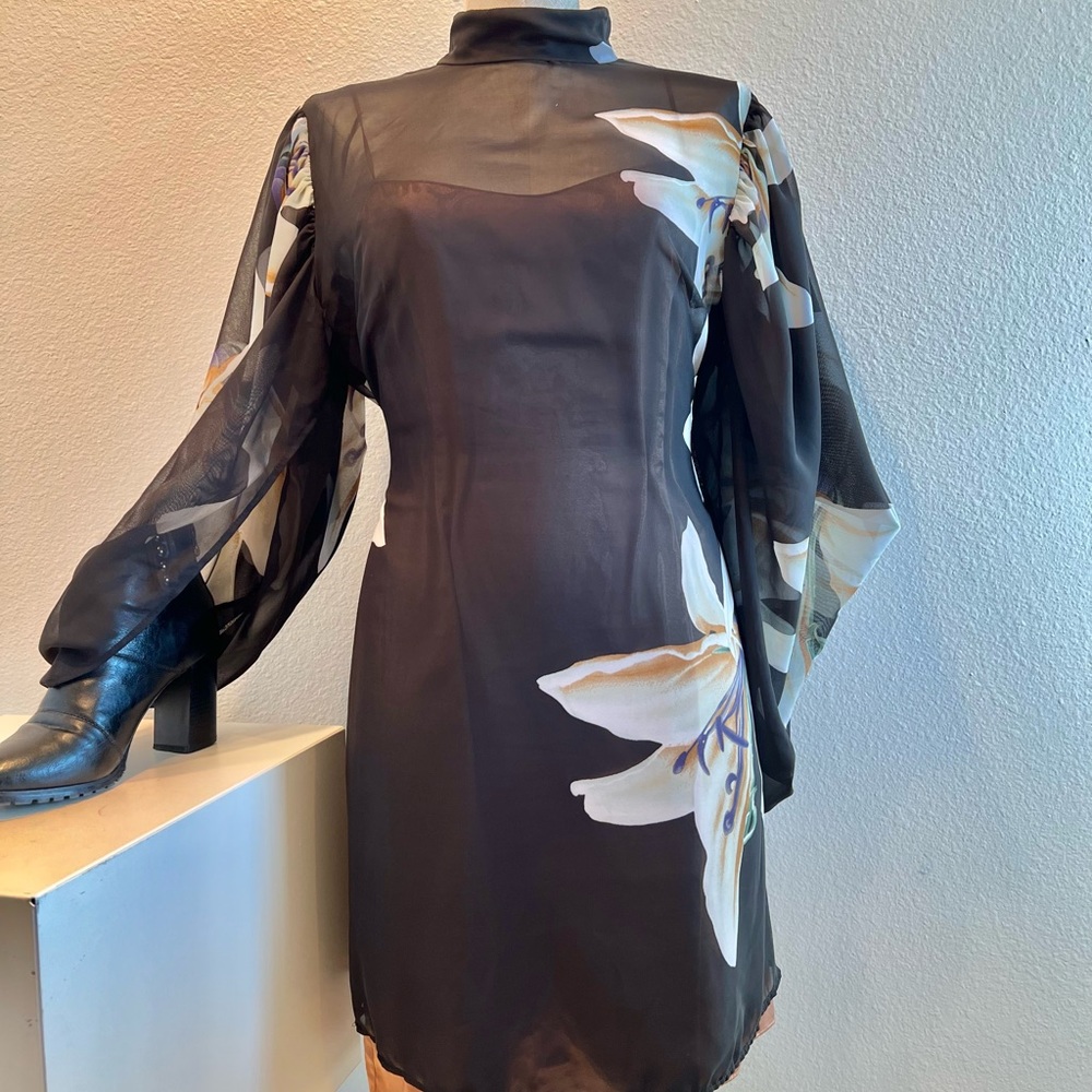 Va Va Voom sheer floral black art dress open back hi neck cape sleeve